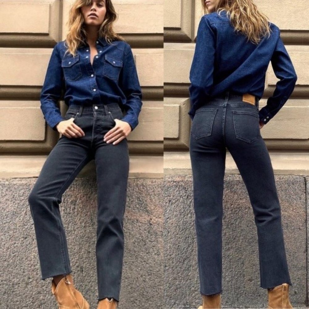 Denim Forum The Arlo High Rise Straight Black wash jeans size 27